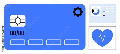 Digital card. Digital card with microchip, health data interface, and analytics. Digital card for payment systems, healthcare integration, and innovative technology uses. Perfect for finance