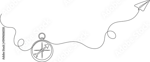 Continuous one line drawing of compass navigation with paper airplane and travel route line, minimalist journey concept illustration