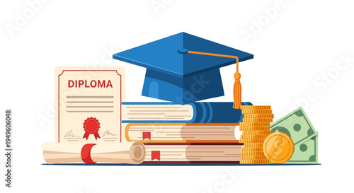 Flat lay illustration of education items including diploma, books and coins on white background