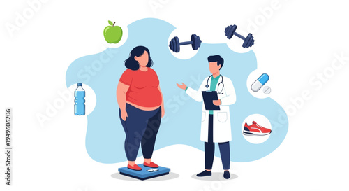 Doctor discussing weight loss with a patient on a scale surrounded by fitness icons.