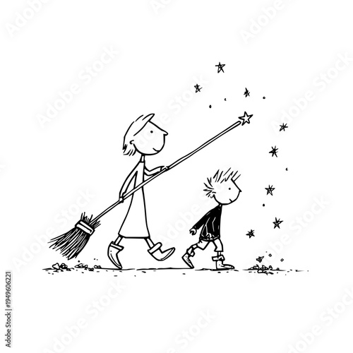 Children walking with broom sweeping stars magical scene whimsical illustration fantasy dreamy atmosphere kids cleaning sparkling stars nighttime imagination
