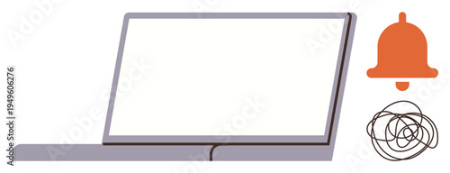 Productivity, chaos management, digital notifications, task reminders, work stress, online communication. Open laptop with notification bell and chaotic scribble. Productivity and chaos management