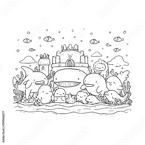 Underwater scene with smiling sea creatures and sandcastle ocean animals illustration