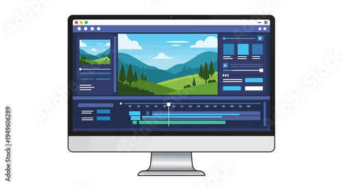A computer monitor displaying a video editing software interface with a mountain landscape on the screen against a plain white background.