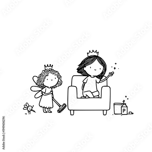 Whimsical illustration of a fairy and a princess cleaning together with a broom and dustpan in a cozy setting