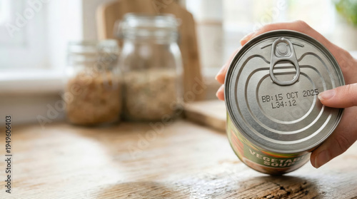 A hand holds a can of vegetable soup while checking the expiration date. There are jars of food on the wooden table and sunlight comes through the window