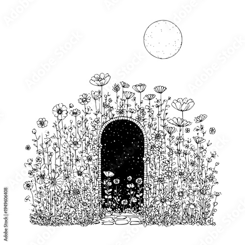 Whimsical black and white illustration of a mystical garden entrance with flowers and moonlight