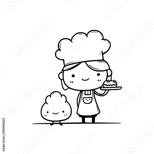 Smiling cartoon chef holding cake with sidekick baking concept illustration