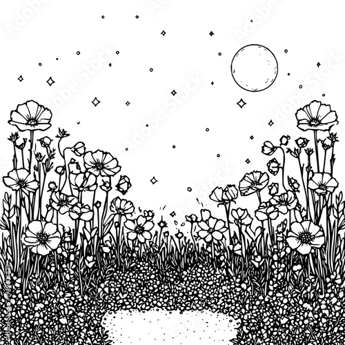 Black and white illustration of a serene moonlit garden with poppies and stars