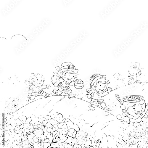 Children harvesting fruits in a garden with baskets smiling and working together in a sunny outdoor setting with greenery