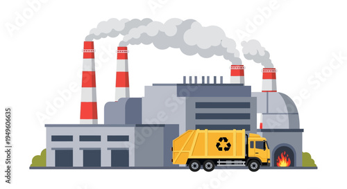 Illustration of a yellow recycling truck in front of a polluting industrial factory with smokestacks
