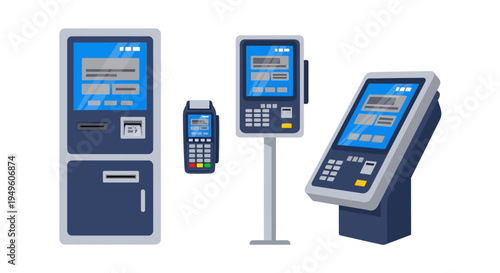 Illustration of various payment terminals and a mobile payment device on a white background.
