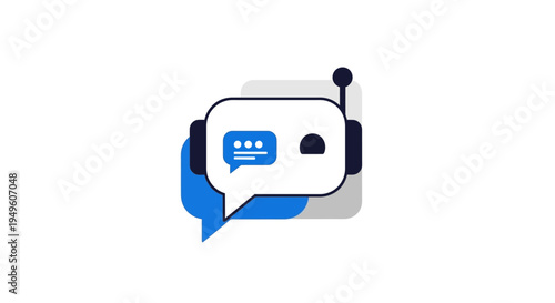 Modern Robot Head with Antenna Inside Blue Speech Bubble Icon Representing AI Communication on Isolated White Background