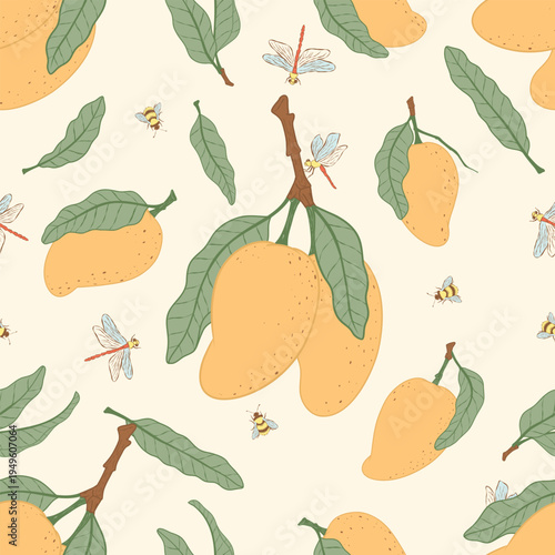 Mango Fruit Seamless Pattern with Insects and Leaves