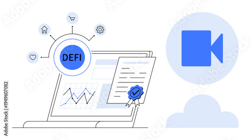 Decentralized finance, online banking, fintech, secure transactions, smart contracts, digital currency. Laptop with DEFI system, verified document and video icon. Decentralized finance and online