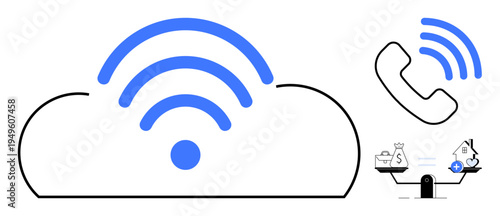 Cloud communication concept. Cloud, wireless, phone calls, and financial symbols illustrate cloud-based connectivity and global communication. Cloud enables seamless data sharing and efficient
