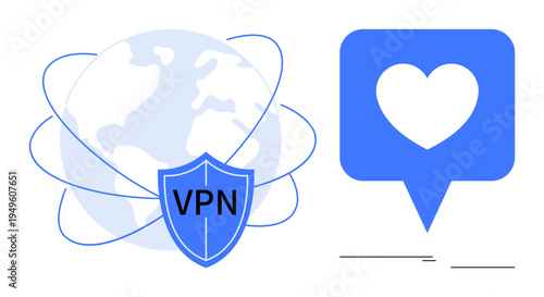 Globe surrounded by internet lines and VPN shield next to a heart in a speech bubble. Ideal for privacy protection, digital security, global networking, connection safety, technology, online