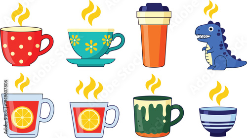 Colorful Hot Drink Icon Set Featuring Ceramic Mugs, Lemon Tea Cups, Dinosaur Coffee Mug, Travel Tumbler, and Steaming Beverages for Kitchen, Cafe, and Lifestyle Designs