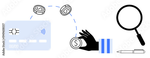 Digital payment concept. digital payment with coins flowing to card, cashless transactions. Digital payment for e-commerce, fintech, online shopping, financial apps, analysis