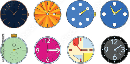 Modern and Minimalist Watch Face Interface Set with Various Dial Designs Including Geometric Patterns, Roman Numerals, Bold Colors, and Digital-Analog Hybrid Styles