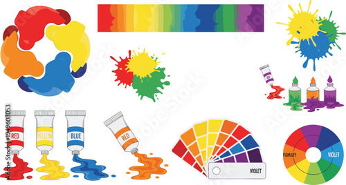 Professional Color Theory and Art Supply Vector Set Featuring Paint Tubes, Rainbow Swatches, Color Wheels, and Vibrant Ink Splatters for Graphic Design Education