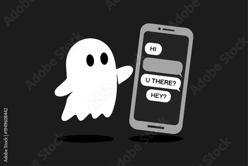 Cute cartoon ghost ghosting unread chat messages on smartphone. ignored phone texts vector flat illustration for digital communication, online chat and social media. Rejection, avoidance, silence