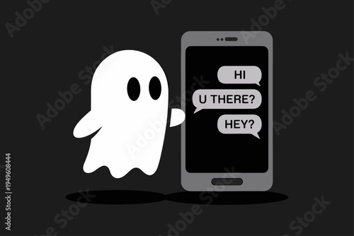 Cute cartoon ghost ghosting unread chat messages on smartphone. ignored phone texts vector flat illustration for digital communication, online chat and social media. Rejection, avoidance, silence