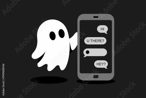 Cute cartoon ghost ghosting unread chat messages on smartphone. ignored phone texts vector flat illustration for digital communication, online chat and social media. Rejection, avoidance, silence