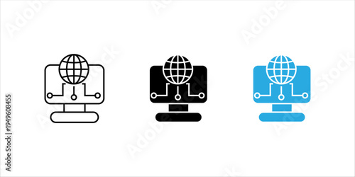 Minimal outline icon SET. of computer monitor with globe and connected nodes representing global network, internet technology, digital communication, and data connectivity.