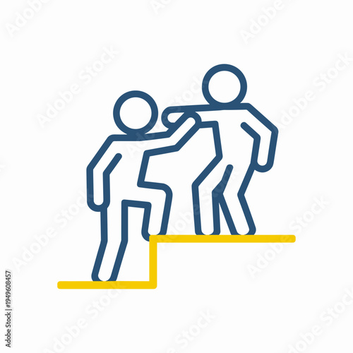 Person giving helping hand up icon. Support, guidance, mentorship, assistance, teamwork. Vector thin line illustration.
