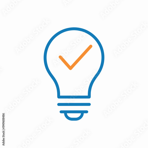 Light bulb with orange check mark inside representing confirmed innovation, creative solution, insight, approval, and successful idea. Thin line icon editable stroke