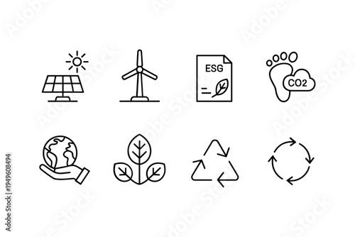 Sustainability ESG icon set. Thin line editable stroke icons for renewable energy, recycling, environmental impact, carbon footprint, green practices, water reuse, and planet care