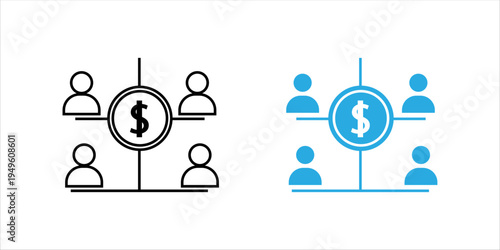 Outline icon set. showing multiple users connected through a central dollar symbol, representing financial networks, business collaboration, team investment, and shared economy systems.