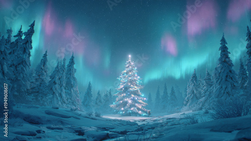 Christmas tree decorated with white lights in a snowy forest under the aurora borealis