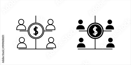 Outline icon set. showing multiple users connected through a central dollar symbol, representing financial networks, business collaboration, team investment, and shared economy systems.