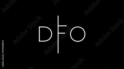 Modern minimalist DFO letters in white outline font on a deep black background, contemporary graphic design element