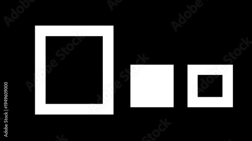 Abstract minimalist design featuring white square and rectangular frames with a solid square on a black background