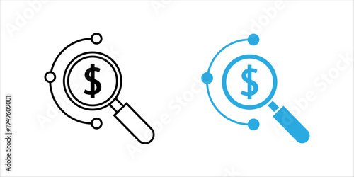 Minimal outline icon set. showing a magnifying glass analyzing a dollar symbol with circular connection nodes, representing financial research, investment analysis, and money tracking concepts.
