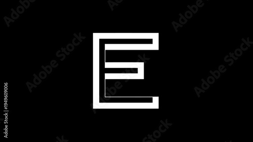 Stylized white geometric letter E on black background, modern abstract typography initial uppercase character