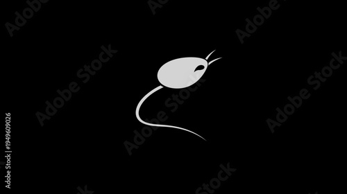 Minimalist cartoon drawing of a white mouse with a long tail on a black background, simple graphic illustration of a rodent.