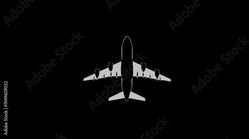 Minimalist top-down view of a commercial airplane silhouette on a black background, representing air travel and global transport.