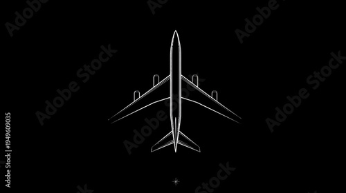 Minimalist white outline illustration of a commercial airplane in flight, top-down view on a black background, air travel concept