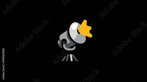 Cartoon spotlight icon on a black background, emitting a bright yellow light beam. Concept of attention, illumination, or discovery.