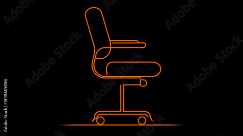 Modern ergonomic office chair with glowing orange neon outline illustration on black background. Minimalist design for workspace comfort and style.