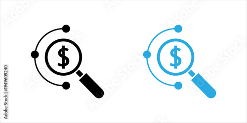Minimal outline icon set. showing a magnifying glass analyzing a dollar symbol with circular connection nodes, representing financial research, investment analysis, and money tracking concepts.