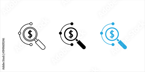 Minimal outline icon set. showing a magnifying glass analyzing a dollar symbol with circular connection nodes, representing financial research, investment analysis, and money tracking concepts.