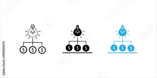 Outline icon set. showing a light bulb idea connected to multiple dollar symbols, representing investment strategy, financial planning, profit distribution, and innovative business ideas.
