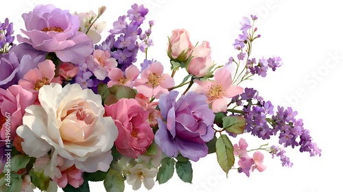 Beautiful watercolor floral arrangement featu delicate roses, lavender, and blossoms in pastel shades isolated against a clean white background.