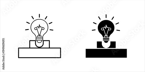 Minimal line icon set. of a glowing light bulb placed on a platform representing creative ideas, innovation, inspiration, and startup thinking concepts.