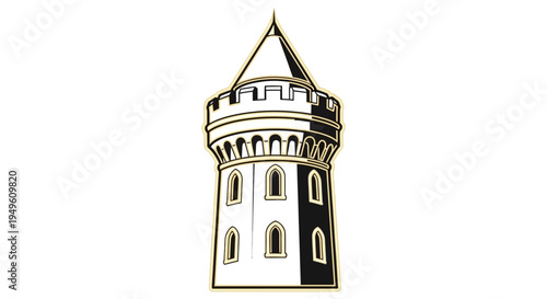 Stylized Castle Tower with Golden Accents and Detailed Stonework, Isolated White Background